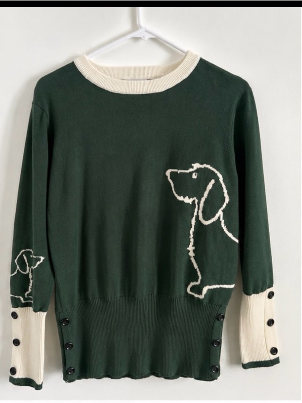 Minimalist Dog Graphic Knit Sweater Green & Cream Button Sleeve Small - Picture 2 of 4